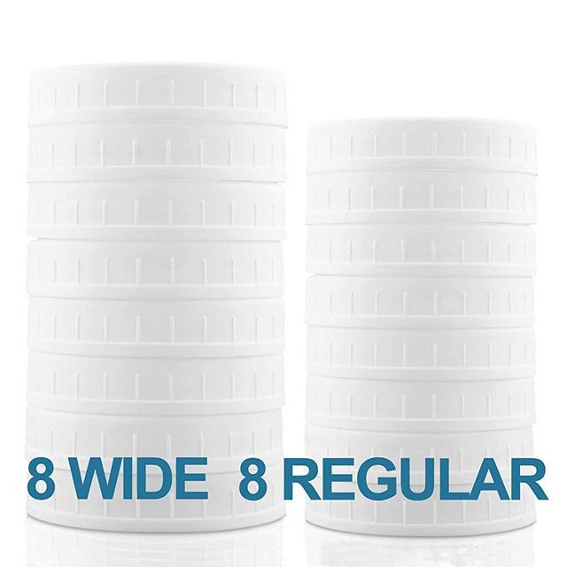 Aozita 16-Pack Plastic Mason Jar Lids with Sealing Rings - Plastic Storage Caps for Ball Jars and More - 8 Regular Mouth Jar Lids and 8 Wide Mouth Jar Lids