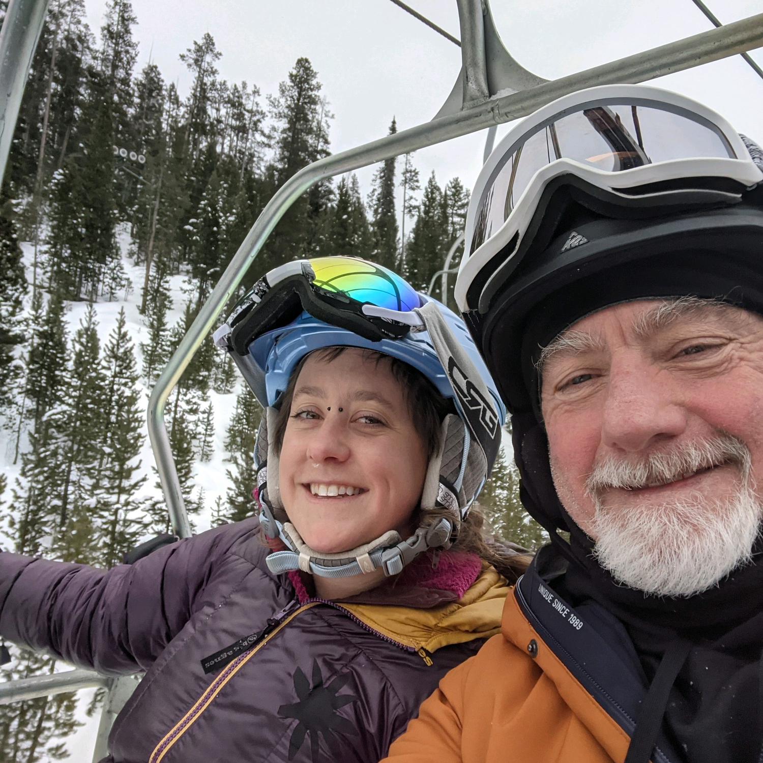 Kayte and her dad Gordon skiing in Montana 2023