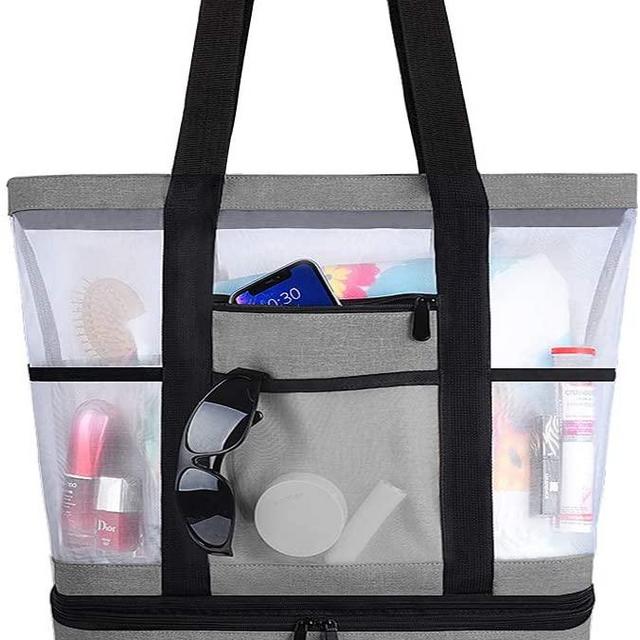 VBIGER Mesh Beach Tote Bag with Detachable Insulated Cooler Bag,Large Capacity Tote Bag Beach Gear Beach Essentials Bag Pool Bag for Women
