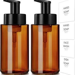 RYTOXILO Amber Foam Soap Dispenser, 10 oz/300ml Glass Foaming Soap Dispenser, 2 Pcs Foaming Hand Dispenser for Bathroom & Kitchen, Refillable Bottle with Waterproof Labels