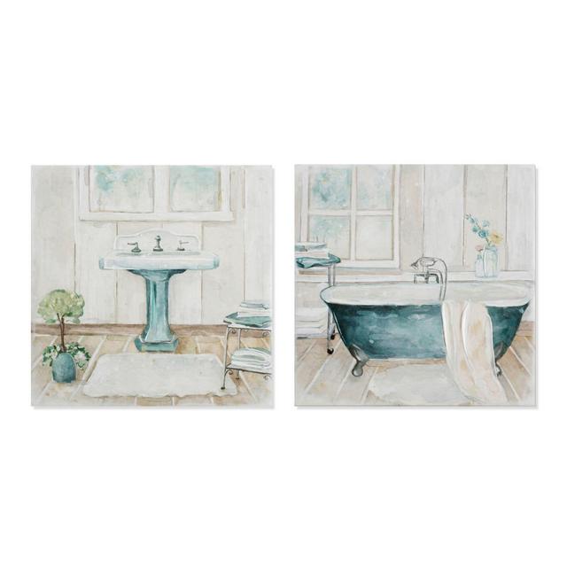 Blue Bathroom Scene 12-Inch Square Canvas Wall Art (Set of 2)