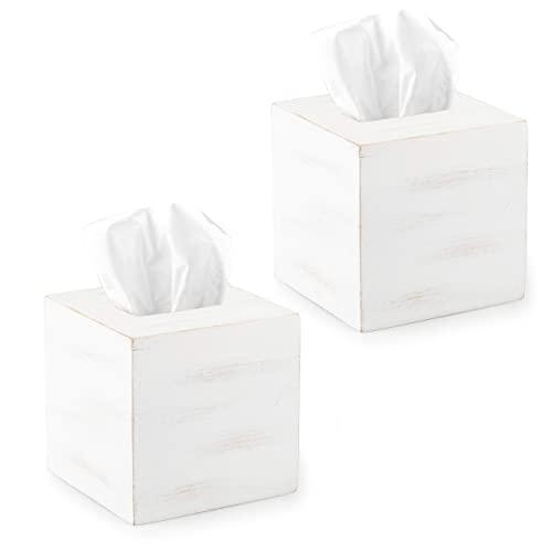 Ilyapa Wood Tissue Box Cover Square, 2 Pack - Rustic Farmhouse White Wooden Tissue Holder