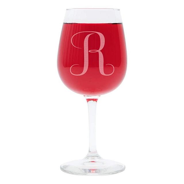 "R"- Monogram Engraved Wine Glass - 12.75 Ounce - Personalized Etched Glass for Bridesmaids, Women, Red and White Wine Enthusiasts -Decorated Novelty All Purpose Glass- By On The Rox Drinks
