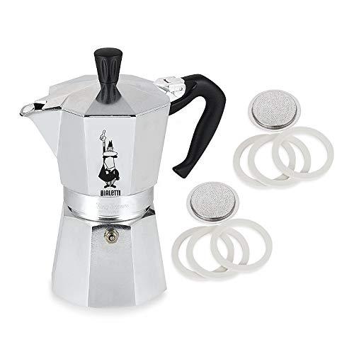 Original Bialetti 6-Espresso Cup Moka Express | Espresso Maker Machine and Genuine Bialetti, Six Replacement Gaskets and Two Bialetti Replacement Filter Plates Bundle (6-cup, 10 fl oz, 300 ml)