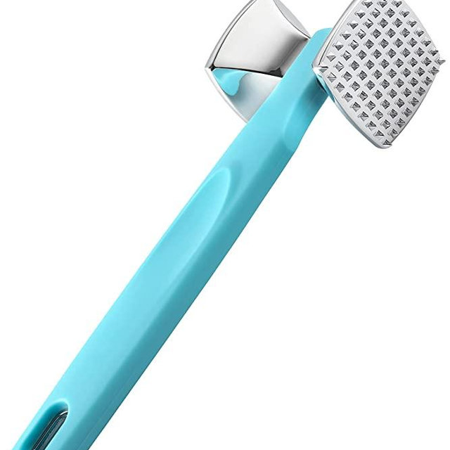 Spring Chef Meat Tenderizer, Heavy Duty Hammer Mallet Tool and Chicken Pounder, Solid Aluminum Construction with Chrome Plating, Soft Grip Handle, Aqua Sky