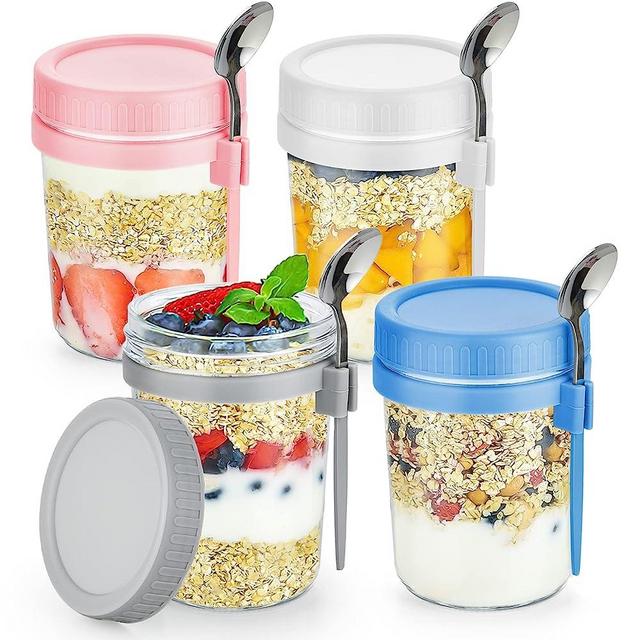 DRKIO 4 Pack Overnight Oats Containers with Lids and Spoons 16 Oz Glass Mason Jars for Overnight Oats Leak Proof Oatmeal Container Great for Cereal Fruit Vegetable Milk Salad Yogurt Meal Prep