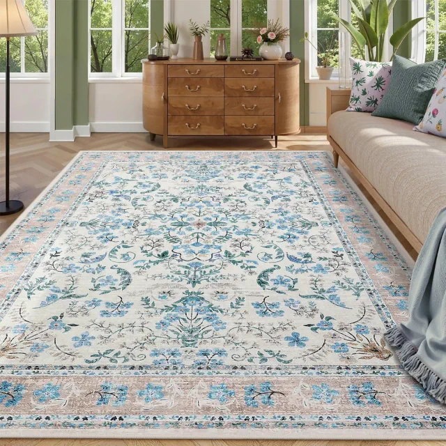 Washable Area Rug, 5x7 Boho Floral Soft Rugs for Living Room, Non Slip Low Pile Carpet for Bedroom, Dining Room, Nursery, Hallway, Blue: Pet Friendly