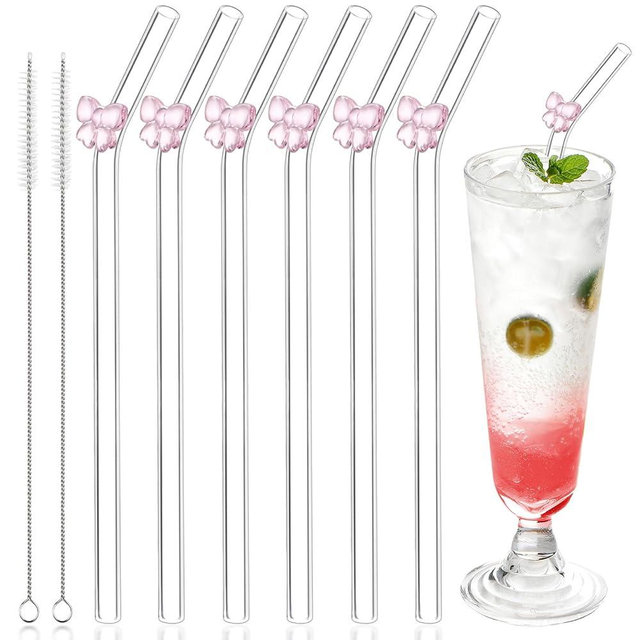 Yomarket 6pcs Clear Glass Straws with 2 Cleaning Brush, Cute Glass Straws Shatter Resistant with Charms Pink Bow, Reusable Bent Drinking Straw 8" x 8 MM for Smoothies, Milkshakes, Tea, Juice