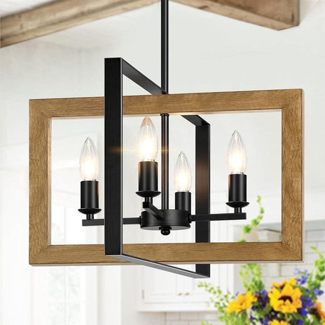 17" Farmhouse Chandelier, 4-Light Rustic Chandelier for Dining Room Light Fixture, Adjustable Wood Hanging Light Fixture for Living Room, Kitchen, Foyer, Bedroom and Entryway
