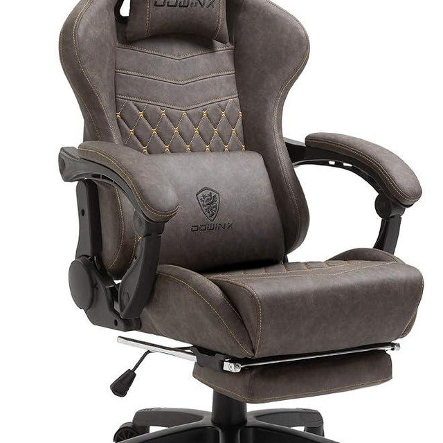 Dowinx Gaming Chair Office Desk Chair with Massage Lumbar Support, Vintage Style Task Chair PU Leather High Back Gamer Chair with Retractable Footrest (Brown)
