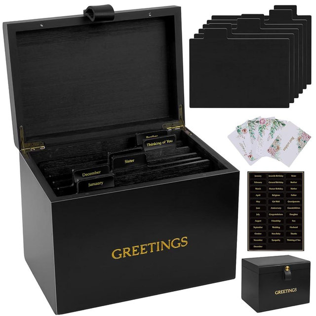 Bamboo Greeting Card Organizer Box - Engraved Floral, 6 Removable Dividers, Real Copper Leather Handle, Stores 100+ Cards, Greeting Card Storage Box for Birthday, Christmas, Valentine’s & More - Black
