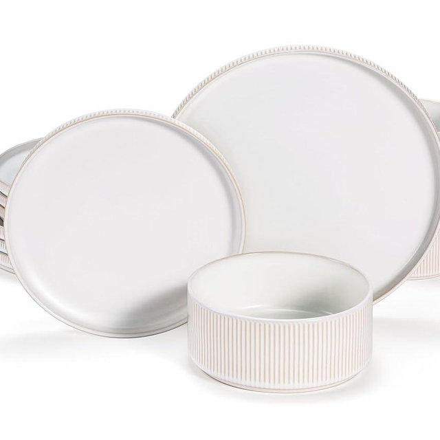 Ceramic Dinnerware Set, by Vase and Vessel, 12-Piece Service for 4, 9.8” Dinner Plates, 8” Salad Plates, 20 oz Bowls, Ombre Reactive Glaze, Durable Stoneware, Microwave & Dishwasher (Powder White)