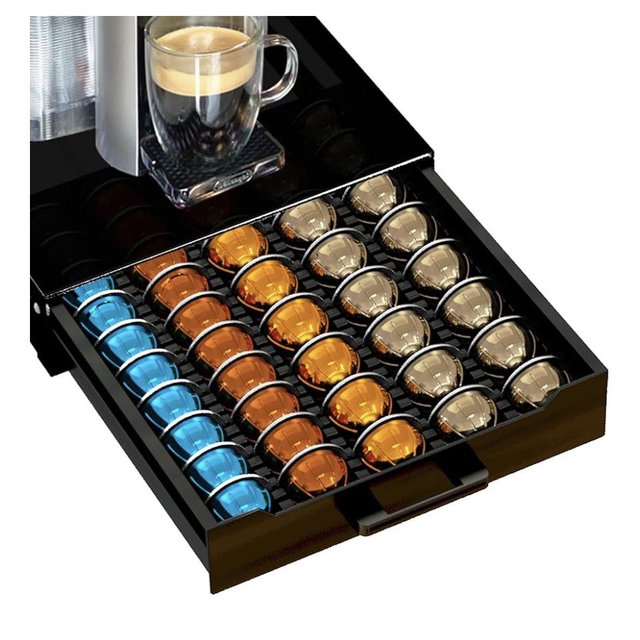 Coffee Pod Holder Drawer Organizer with Deluxe Black Tempered Glass Top, Compatible for Nespresso Vertuo Pods, Holds up to 75 Small or 50 Big Vertuo Pods Compact Design (Piano Black)