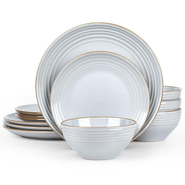 Famiware Jupiter Dinnerware Set, Plates and Bowls Sets for 4, Microwave and Dishwasher Safe, Scratch Resistant, 12 Pieces Dishes Set, Light Gray