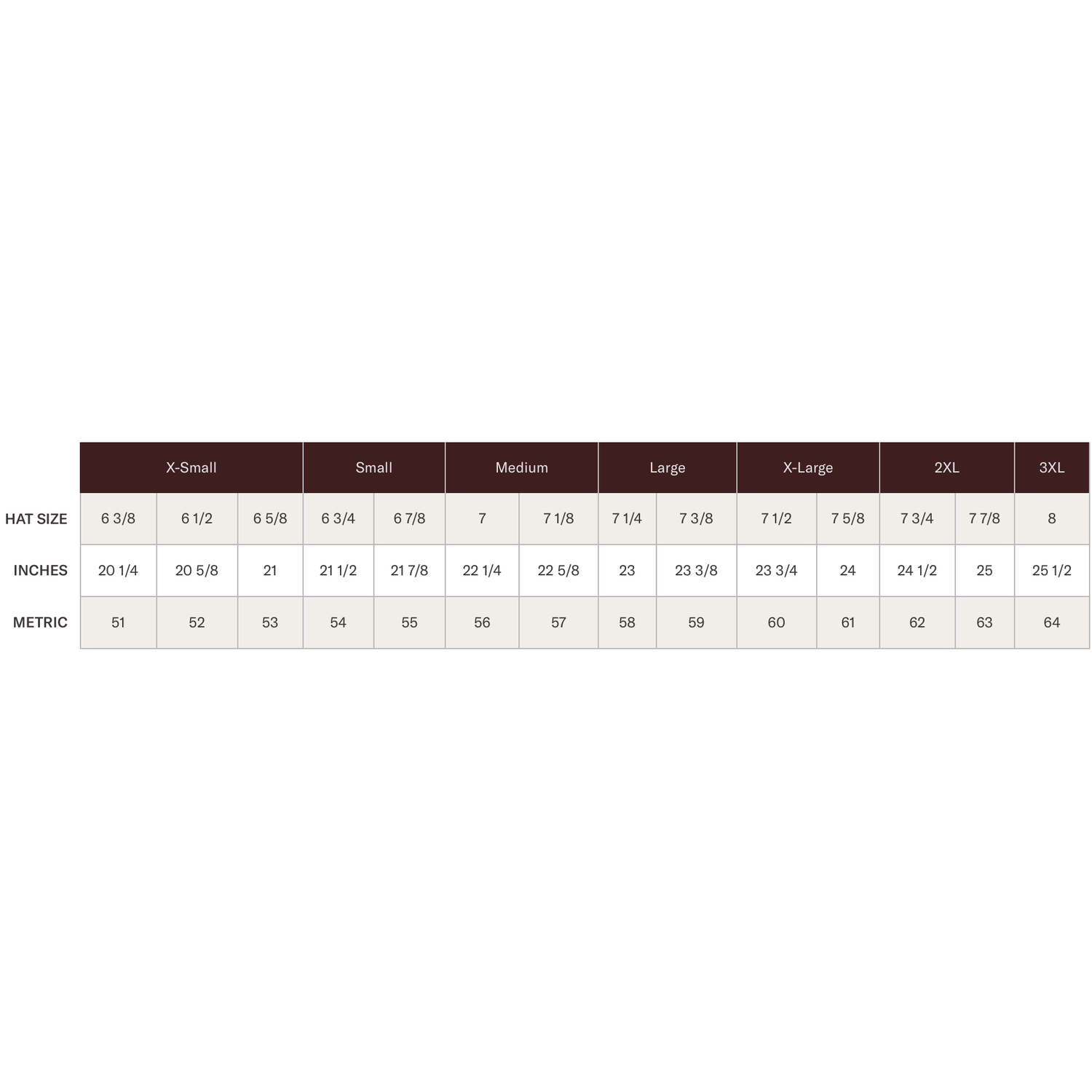 SIZE CHART: please include hat size in RSVP.