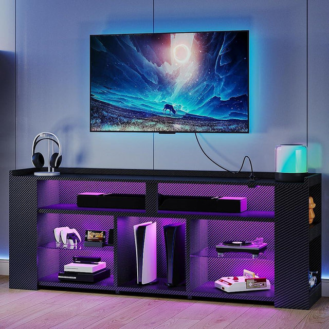 IRONCK Entertainment Center with Storage, 55 Inch Tall TV Stand W/Power Outlet, LED Gaming TV Cabinet for PS5, Black TV Stand with Carbon Fiber