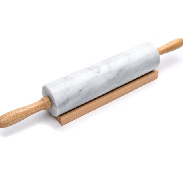 Fox Run Polished Marble Rolling Pin with Wooden Cradle, 10-Inch Barrel, White