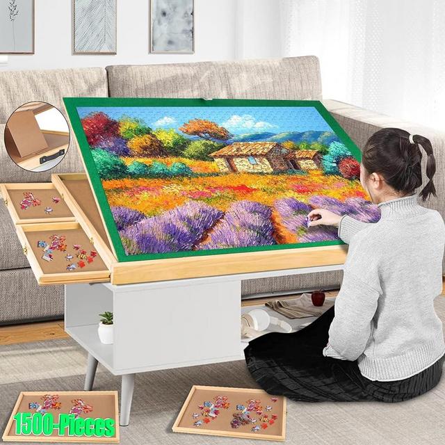 Adjustable Jigsaw Puzzle Board -1500pcs Jigsaw Puzzle Table with 4 Drawers & Cover - 3 Tilting-Angle Puzzle Tables Foldable for Adults Elder Teens - Wooden Portable Puzzle Boards with Handle