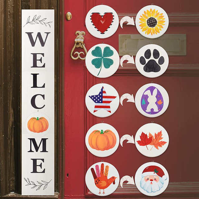 Perfnique Interchangeable Welcome Sign for Front Porch Standing, 47 x 7.9 Inch White Wooden Leaner Sign with 10 Interchangeable Designed Icons(5 double sided disks), Modern Farmhouse Rustic Seasonal Decor for Winter Halloween Thanksgiving Fall Christmas (White)