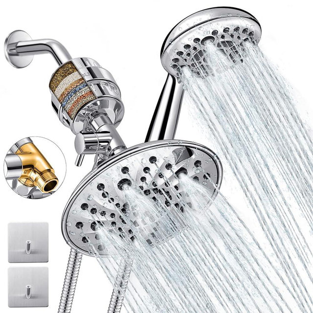 Dual Filtered Shower Head Showerhead with Handheld Sprayer Filter Combo, Luxau Filtration Rain Rainfall, 20 Stage Water Filter for Chlorine Well Water Hair Dry Skin, Metal Diverter, Hose, Chrome (S40)