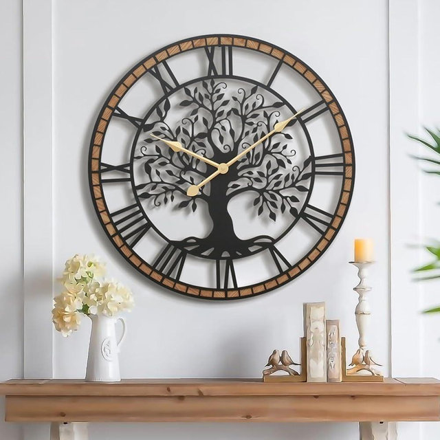 Micasso Non-Ticking Large Wall Clock: 27Inch Tree of Life Metal Black with Solid Wood Frame - Battery Operated Silent Clock for Living Room/Kitchen/Bedroom Wall Decor