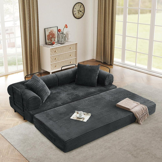 Modular Couch Bed, Convertible Folding Plush Corduroy Comfy Floor Memory Foam Compression Loveseat Sleeper Sofa Couch, King Size Bed for Guest Room Living Room Bedroom, No Assembly Required, Dark Grey