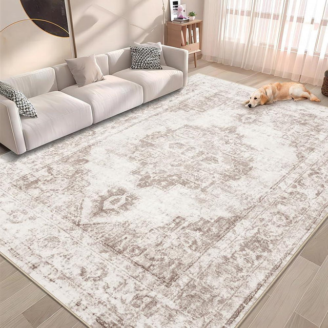 Area Rug 5x7 Vintage Rug: Washable Indoor Medallion Rug Low Pile Distressed Floor Carpet Retro Accent Rug for Living Room Bedroom Kitchen Dining Table Home Office(Beige, 5'x7')