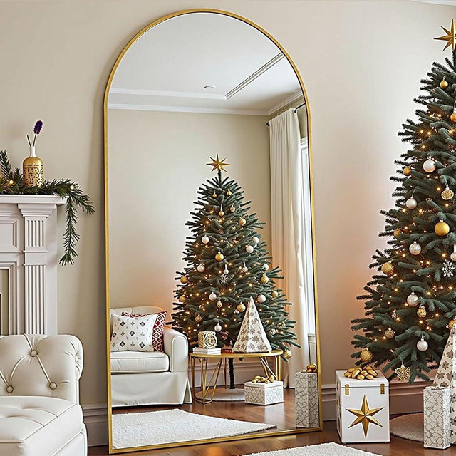 TinyTimes 81''x41'' Oversized Full Length Mirrors, Arched Floor Mirror with Stand, Full Body Large Oversized Standing Mirror/Leaning/Hanging Wall Mounted for Living Room, Bedroom, Gold