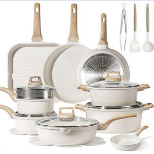 CAROTE 22pcs Pots and Pans Set Nonstick, Cookware Set White Granite Induction Kitchen Cooking Set w/Frying Pans & Saucepans& Grill Pan(PFOS, PFOA Free)