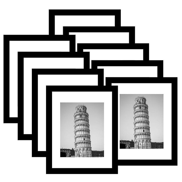 Wiscet11x14 Picture Frame Set of 9, Display Pictures 8x10 with Mat or 11x14 Without Mat, Photo Frame for Wall Mounting or Tabletop Display, Black.