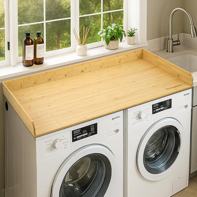 MaidMAX Washer Dryer Countertop, 54" W x 27.5" D Bamboo Washer and Dryer Topper with Edge, Washer and Dryer Countertop with Non-Slip Pads for Laundry Room Organization (Bamboo Wooden)