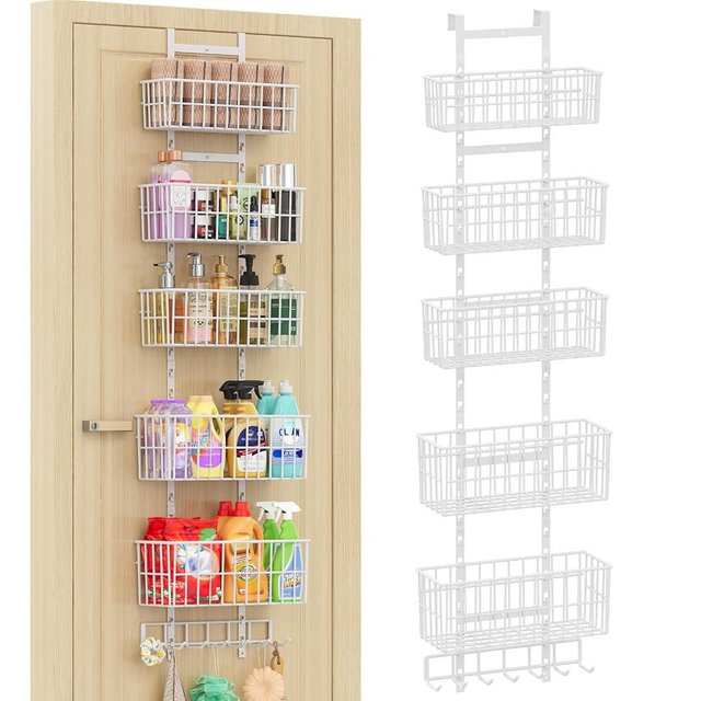 Hongtamoya Over The Door Organizer, Hanging Door Organizer with 5 Metal Baskets, Behind The Door Storage for Pantry Closet Bedroom Bathroom Cabinet Kitchen, White