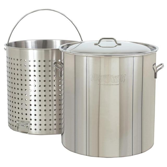 Bayou Classic 1102 102-qt Stainless Bayou Boiler w/Basket Includes Heavy Welded Handles Perforated Stainless Basket Perfect For Large Batch Cooking of Crawfish Crabs Shrimp Lobster And More
