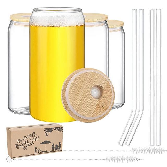 Drinking Glasses Beer Can Glass Cups 16 oz Cute Cups with Bamboo Lids and Straws Can Shaped Glass Cups for Tea Ice Soda Iced Coffee Cup Birthday Gifts for Men 4 Pcs Glass Cups Set