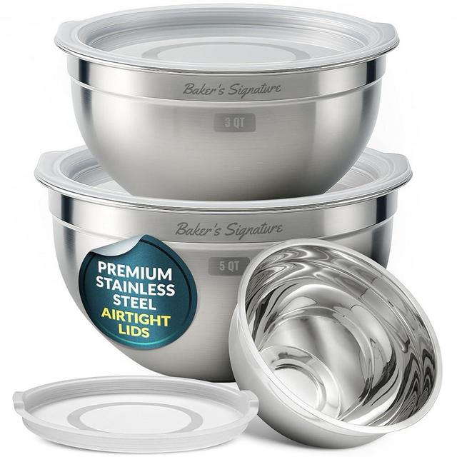 Baker's Signature Stainless Steel Mixing Bowls With Lid, Metal Mixing Bowl Set Of 3, Nesting Set For Food Prep, Baking,Storage, Cooking, Serving | Dishwasher Safe, Silver, 1.5/3/5 Qt