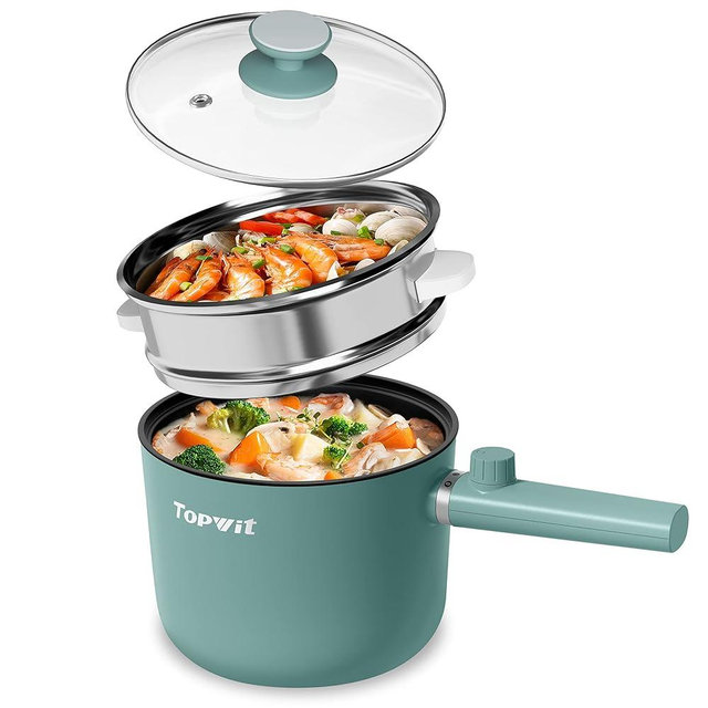Topwit Hot Pot Electric with Steamer, 1.5L Ramen Cooker, Non-Stick Frying Pan, Electric Pot for Pasta, BPA Free, Electric Cooker with Dual Power Control, Over-Heating & Boil Dry Protection, Green