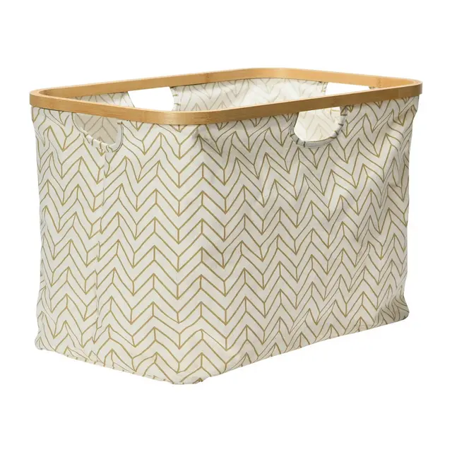 Household Essentials Bamboo Rimmed Krush Basket with Cut Out Handles Tan: Chevron Canvas, Collapsible Tote, 66.18L Capacity