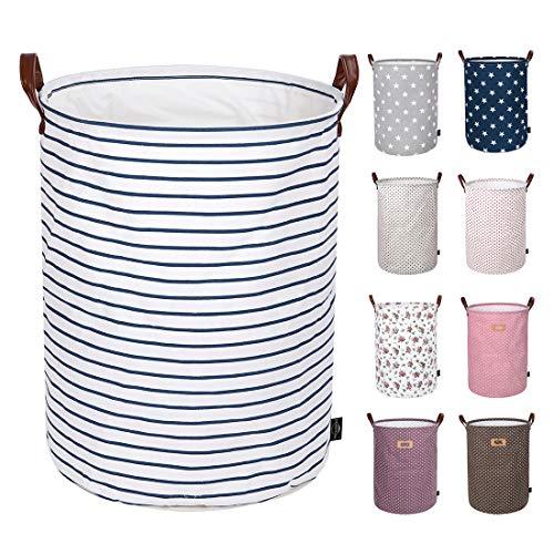 DOKEHOM 22-Inches Thickened X-Large Laundry Basket -(9 Colors)- with Durable Leather Handle, Drawstring Waterproof Round Cotton Linen Collapsible Storage Basket (Blue Strips, XL)