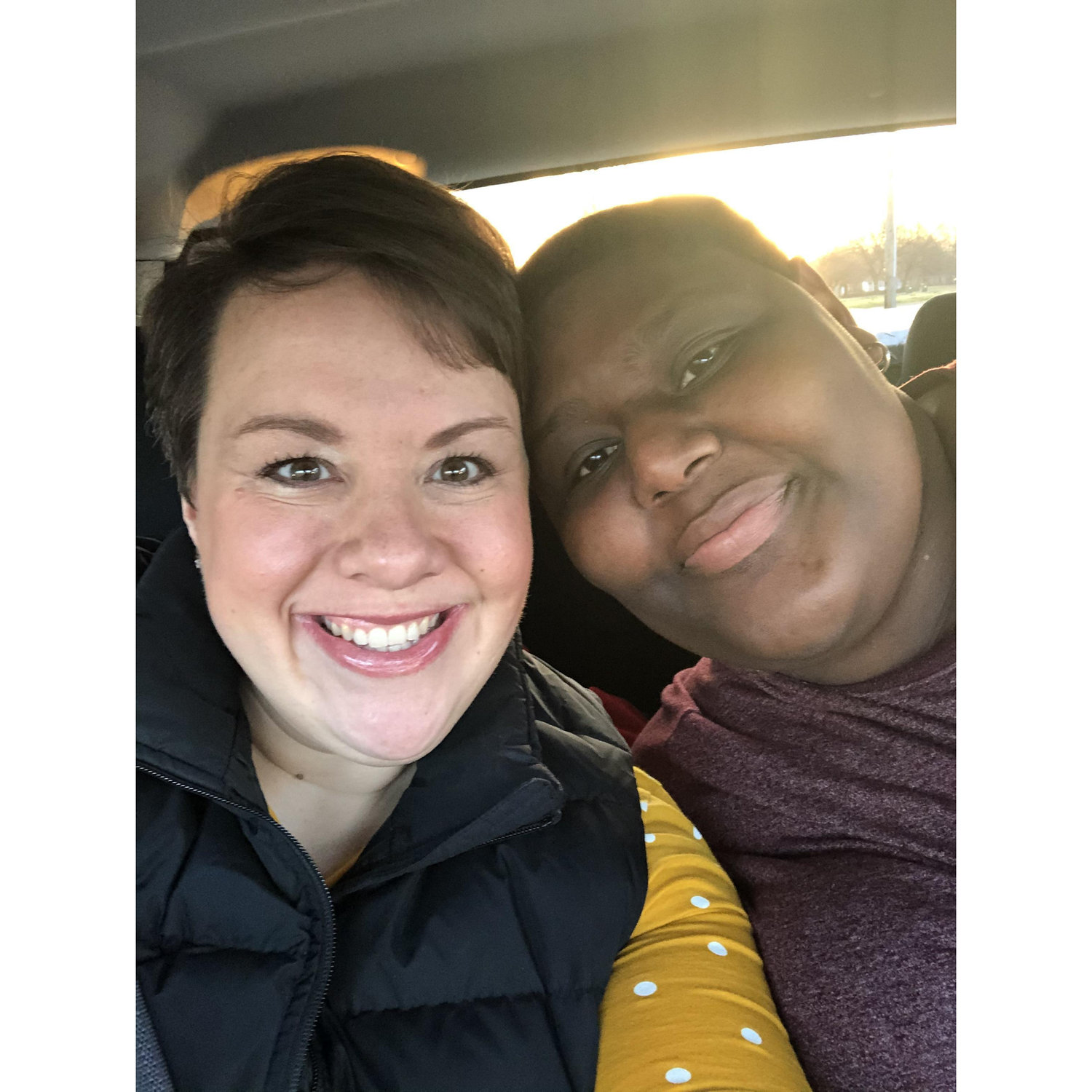 Camille chauffeuring Allison to work during a visit, 2021