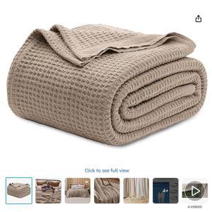 Bedsure Gentlesoft 100% Cotton Blanket Queen Size for Bed - Breathable and Soft, Thick Cozy Waffle Weave Christmas Blanket Gift for Women, Light Brown, 90x90 Inches