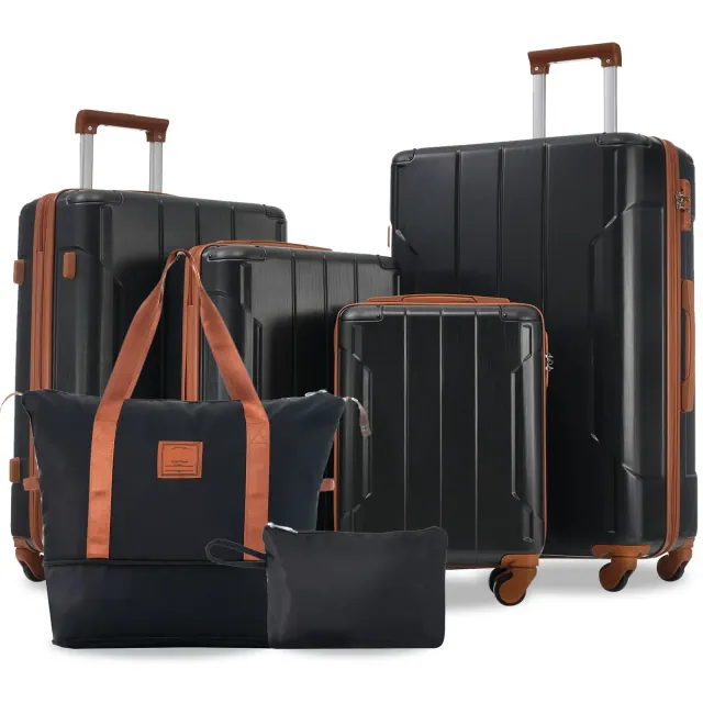 Whisen 6-Piece Hardshell Luggage Set, Expandable Lightweight Suitcases with Wheels and TSA Lock - Black Brown