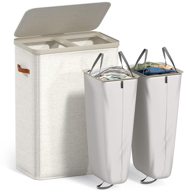 Sorbus Laundry Hamper with Lid - Collapsible 2-Compartment Fabric Laundry Basket with Handles and Removable Laundry Bag – 45 Gallon (170 L) Dirty Clothes Hamper for Bedroom, bathroom and dorm (Beige)