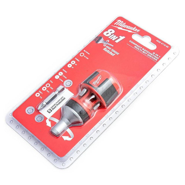 Milwaukee Compact Screwdriver with Ratchet Function, Ratchet Including bits, Torque Ratchet 8 in 1
