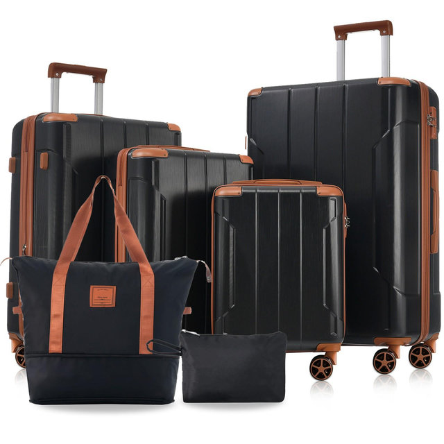 6-Piece Hardshell Luggage Set with TSA Lock, Expandable Lightweight Suitcases with Spinner Wheels, Black - ModernLuxe