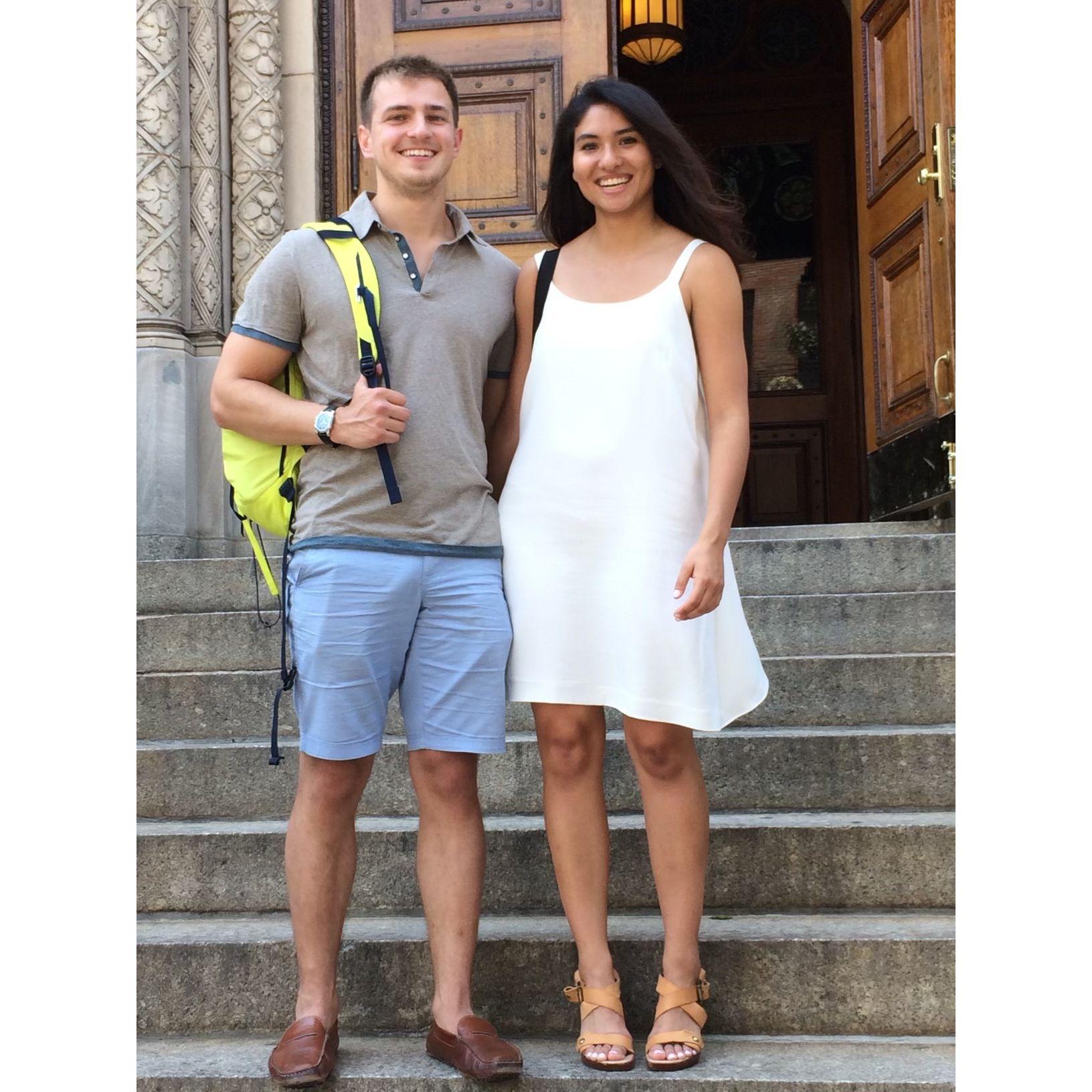 May 2016 on the church steps where we'll say I do, but ten years later. Same place, deeper roots. Time is a circle and we're dancing in it.