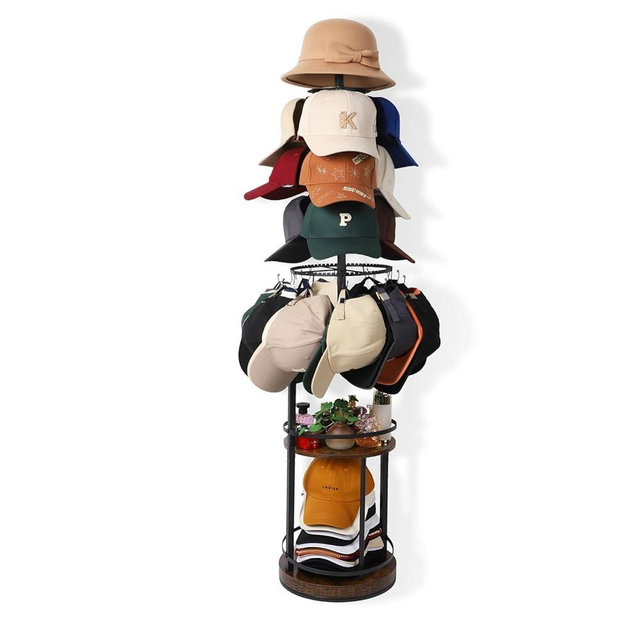 Keebofly 360° Rotating 5-Tier Hat Rack Stand - Large Capacity Freestanding Hat Storage, Hat Organizer for Baseball Caps with Metal & Wood Shelves, Holds 150+ Hats, Ideal for Vendor Booth & Home