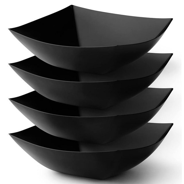 Posh Setting Square Plastic Serving Bowls, Large Black Plastic Bowls for Salad, Disposable Serving Bowls for Party, Snack, Buffet, Chips, or Salad Bowl, Heavy Duty - 4 Pack [Black]