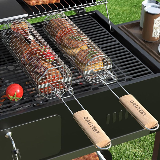 GAUYEBY Rolling Grill Basket, 2PCS Grill Baskets for Outdoor Grill, REMOVABLE HANDLE, Anti-Scorch Stainless Steel BBQ Net Tube for Meat, Shrimp, Vegetables, BBQ Gifts for Dad, Husband (Octagon+Round)