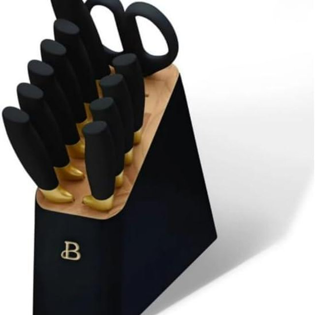 Beautiful 12-Piece Stainless Steel Knife Set with Block, Soft Grip Handles, Black Sesame Finish, Kitchen Cutlery Set by D'rew B'arrymore