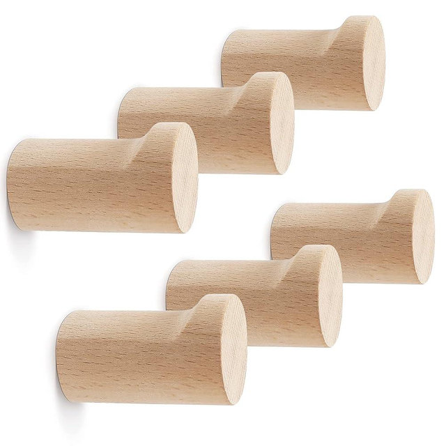 bsdonte Wood Wall Hooks 6 Pack, Natural Wooden Coat Hooks Wall Mounted, Handmade Rustic Hat Hooks Heavy Duty Entryway Wall Hangers for Hanging Towels, Clothes, Bags (Beech Wood)
